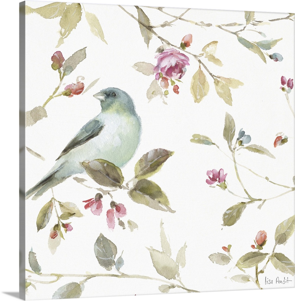 Square watercolor painting with a blue songbird surrounded by leaves and pink buds and flowers.