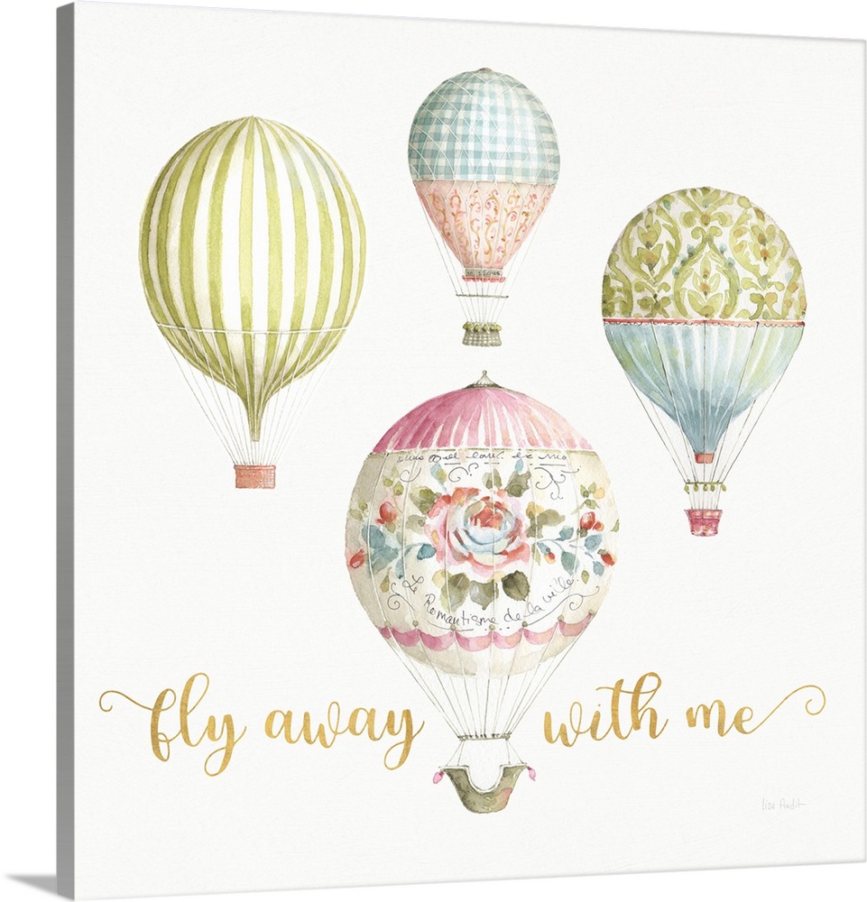 Watercolor painted hot air balloons on a white square background with "Fly Away With Me" written at the bottom in gold.