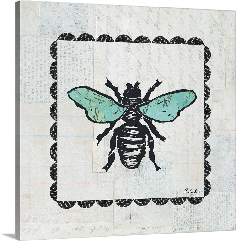 Contemporary decorative artwork of a bee surrounded by a square border design against a gray background.