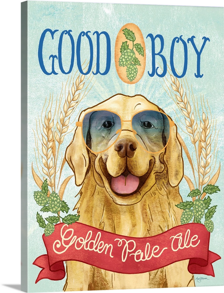 Fun illustration of a golden retriever wearing sunglasses with wheat and hops around him and the text "Good Boy Golden Pal...