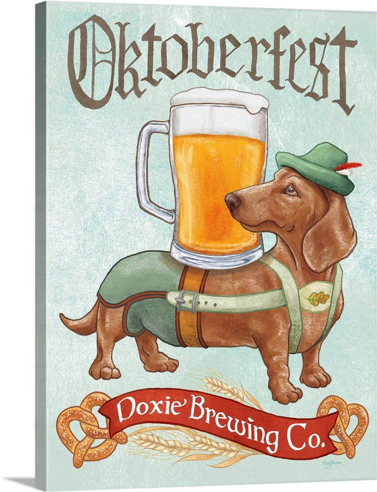 Fun illustration of a doxie wearing lederhosen with a pint glass on its back and the text "Oktoberfest Doxie Brewing Co."