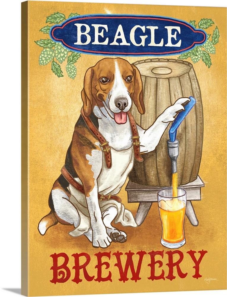 Fun illustration of a beagle pouring a pint of beer from a wooden keg with the text "Beagle Brewery"