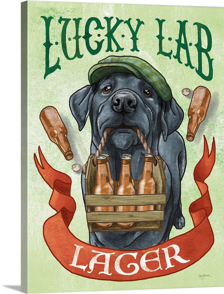 Fun illustration of a black lab wearing at hat and holding a wooden crate full of beer bottles with the text "Lucky Lab La...