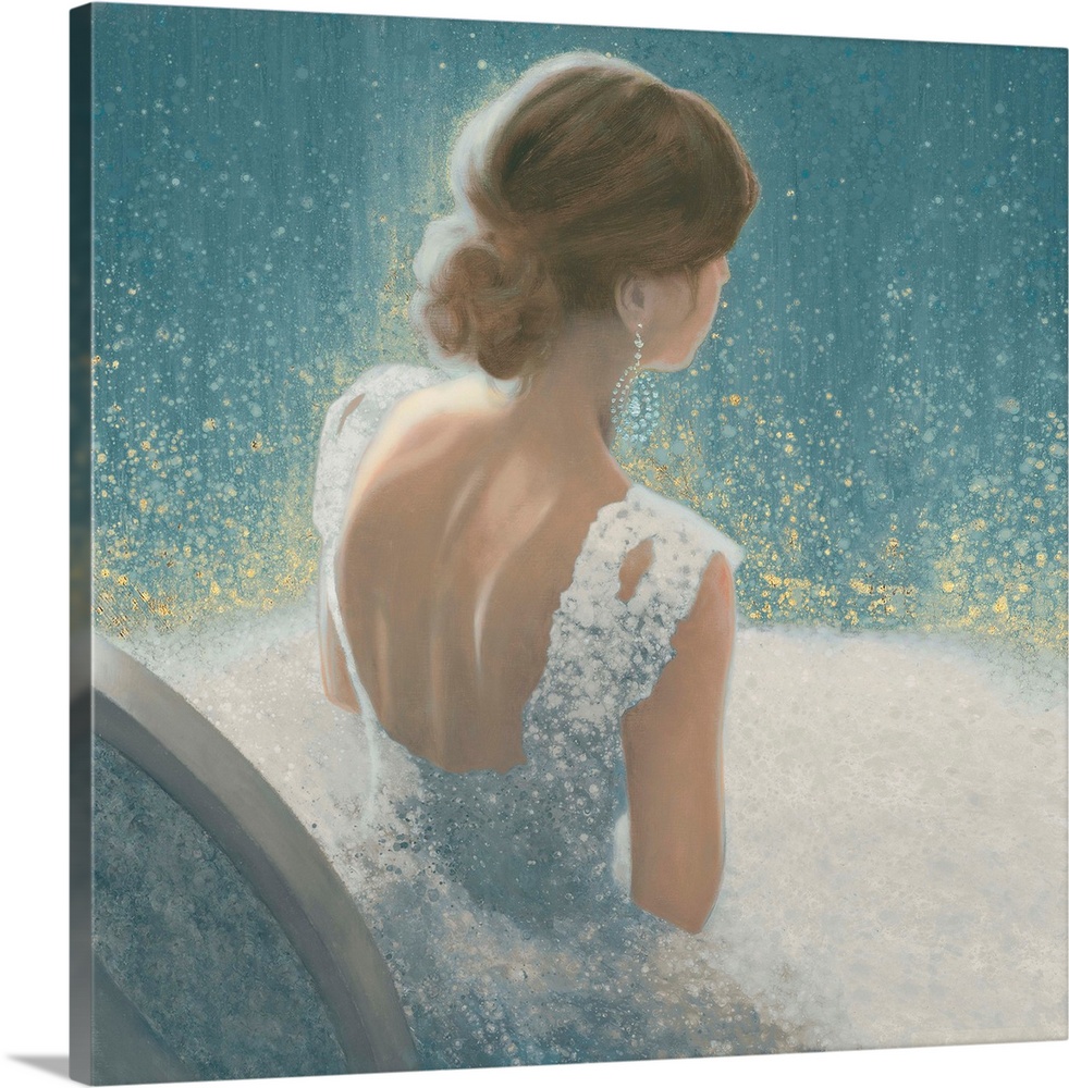 A contemporary painting of a woman seen seated wearing a light blue ball gown in a glittering blue environment.