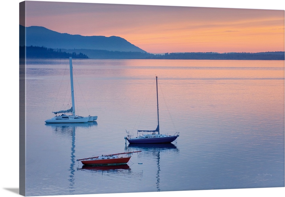 Sailboats anchored in Bellingham Bay, Lummi Island is in the distance, Bellingham Washington USA