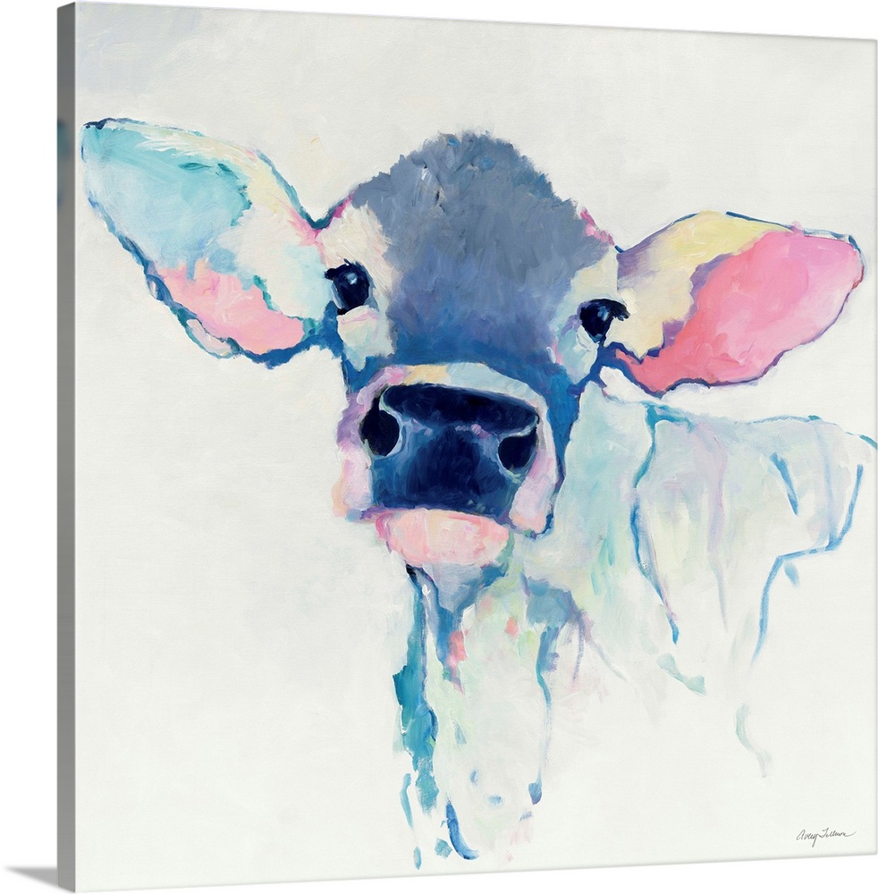 Contemporary painting of a portrait of a cow in pale purple and pinks.