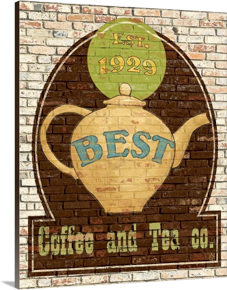 Big canvas print of a a logo for tea and coffee painted onto a brick wall.