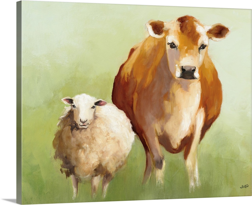 Contemporary painting of a sheep and a cow standing close next to each other.