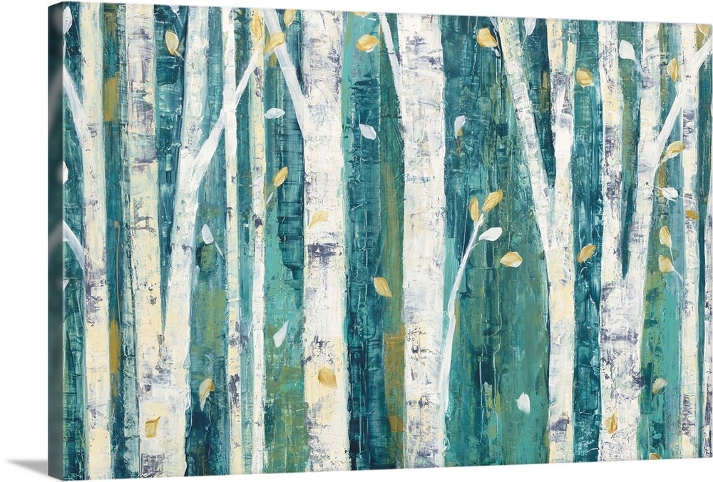 Contemporary artwork of white birch trees in a teal forest.
