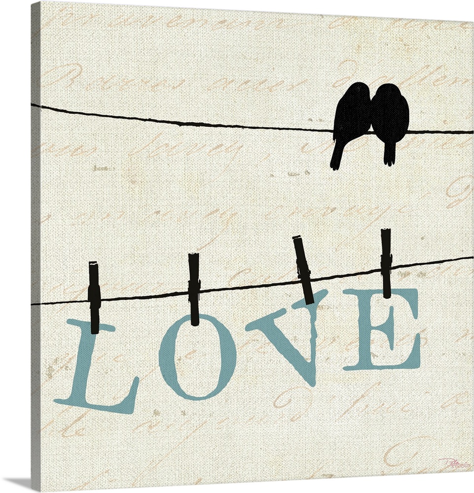 Silhouette of two birds on a wire with another wire below them with letters pinned with clothespins that spell out love on...