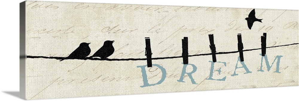 Contemporary artwork of silhouetted birds on a wire with the word "Dream" hanging from the line.