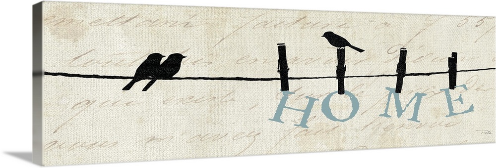 Contemporary artwork of silhouetted birds on a wire with the word "Home" hanging from the line.
