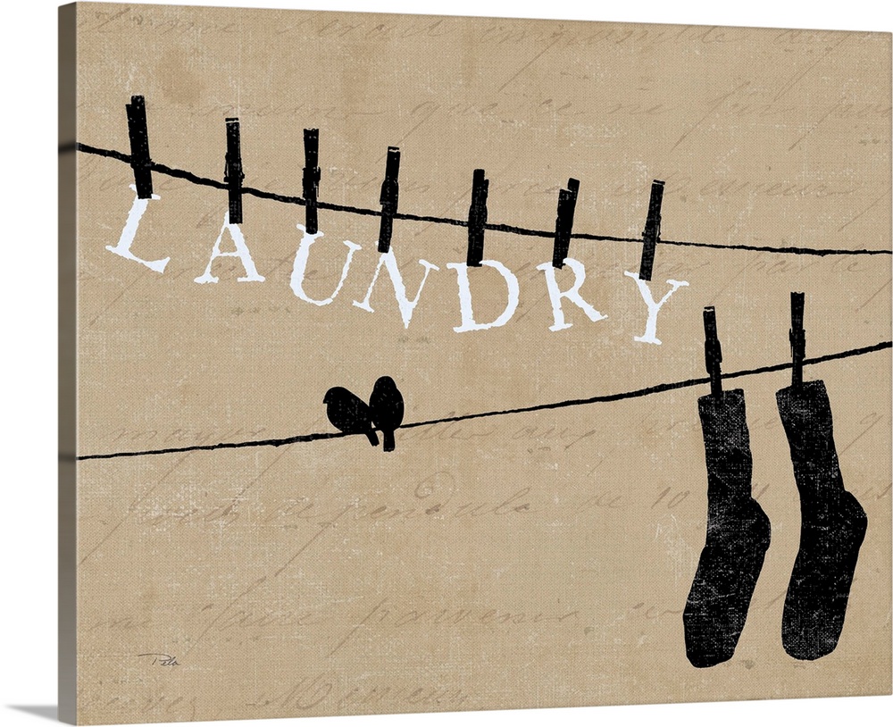 Contemporary artwork of silhouetted birds on cloths lines, with words and a pair of socks hanging from cloths pins.