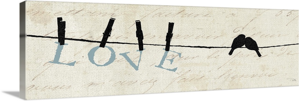 Contemporary artwork of silhouetted birds on a wire with the word "Love" hanging from the line.