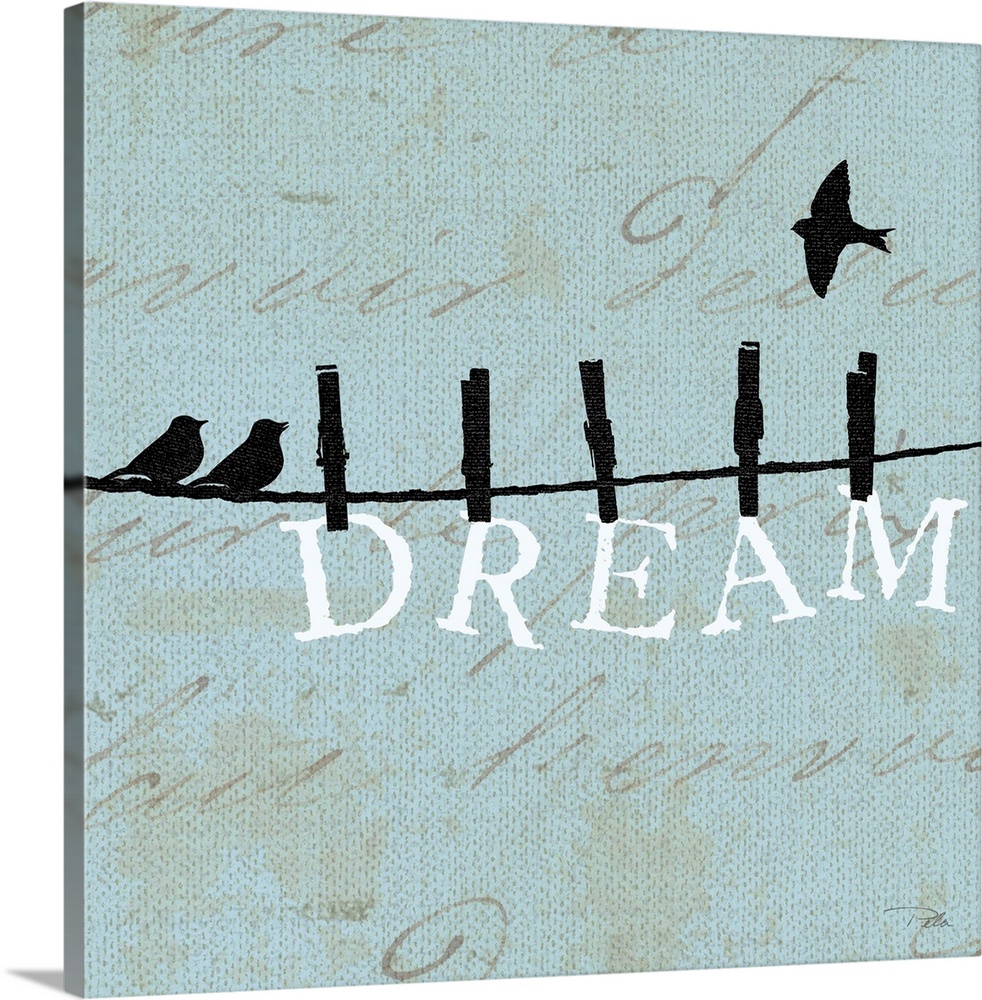 Contemporary artwork of birds silhouetted on a cloths line, with the word "DREAM" hanging from the line underneath them.