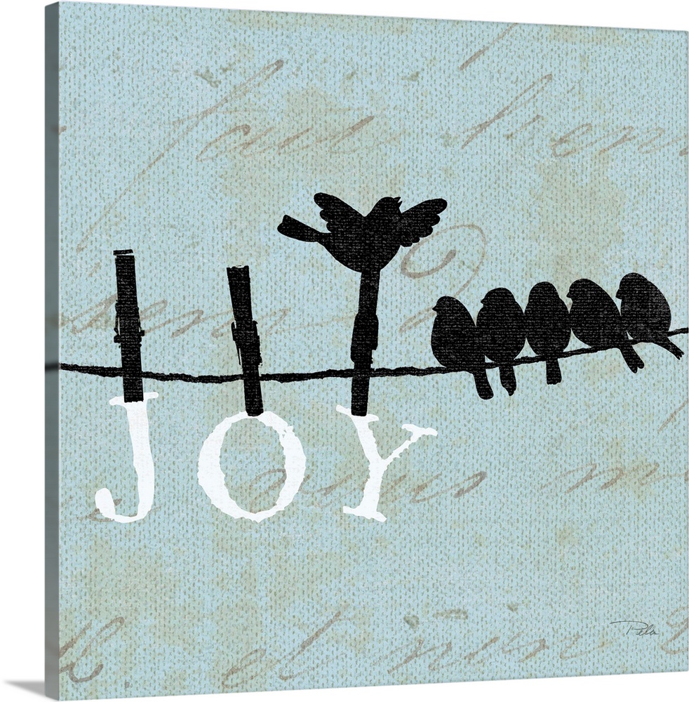 Contemporary artwork of birds silhouetted on a cloths line, with the word "JOY" hanging from the line underneath them.