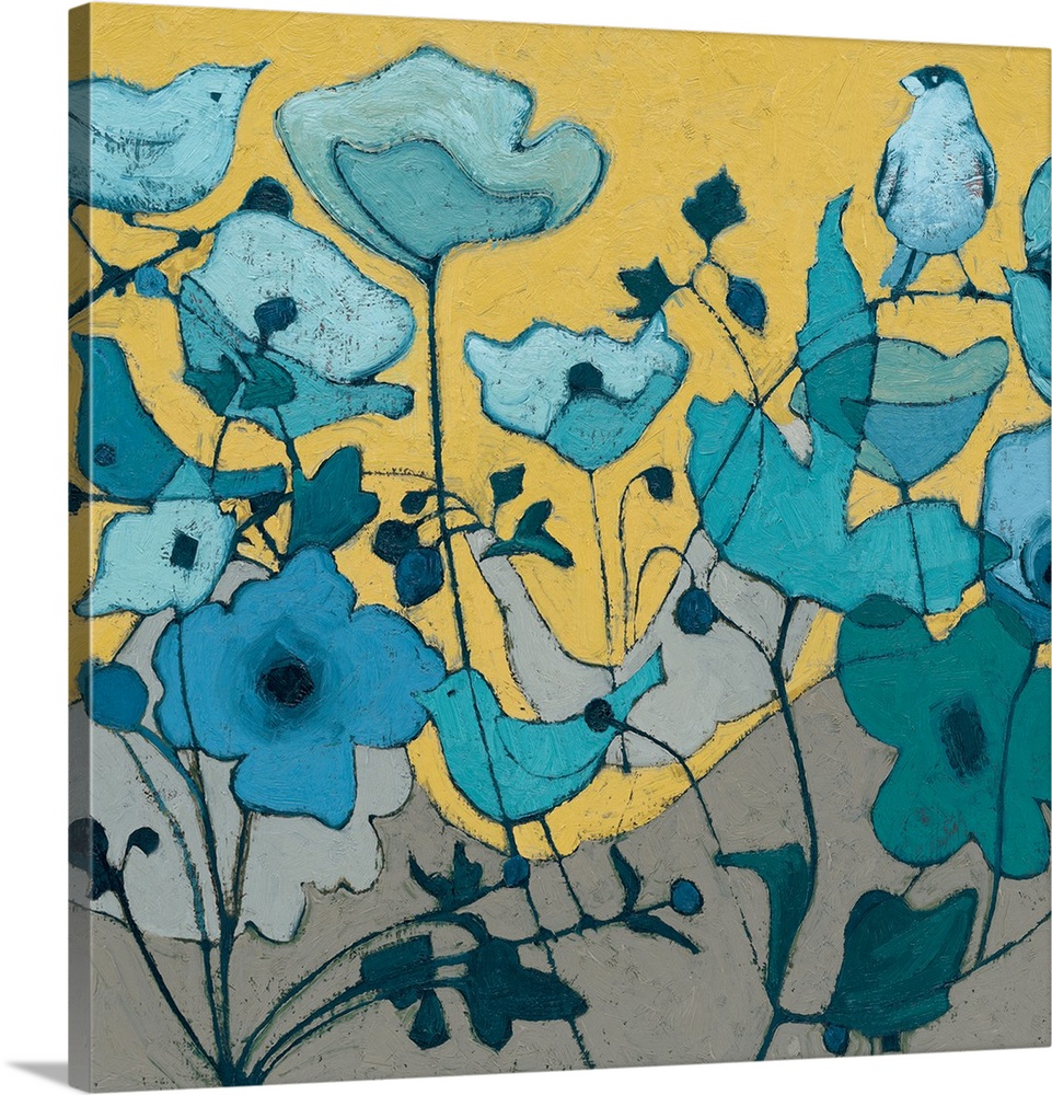 Painting of a bird hiding among blue flowers.