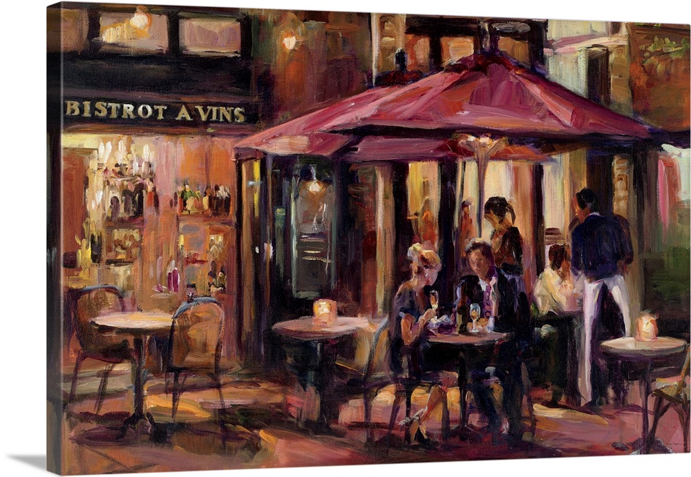 Contemporary painting of a couple drinking wine on the patio of a French bistro.