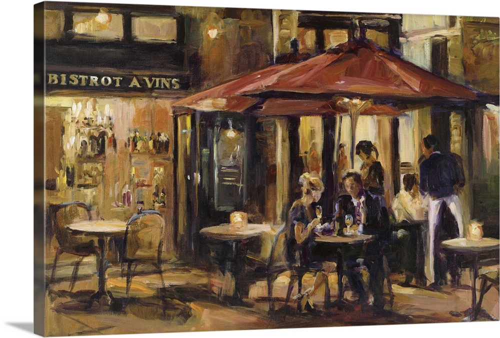Contemporary painting of a street scene with a couple dining outside of a bistro.