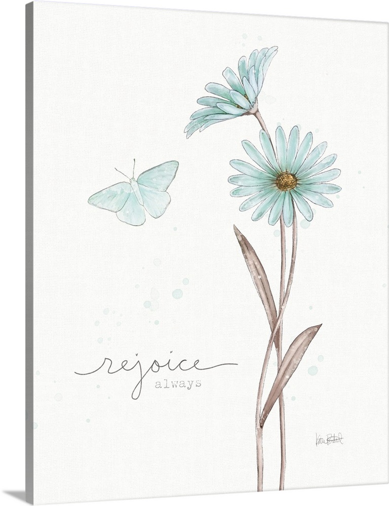 "Rejoice Always" written alongside an illustration of a blue butterfly and two blue flowers on a white background with a l...