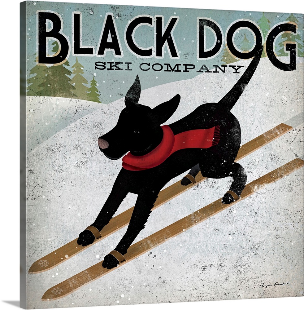 Giant square canvas art displays an advertisement for Black Dog Ski Company.  In the ad, a dog wearing a scarf skis down a...