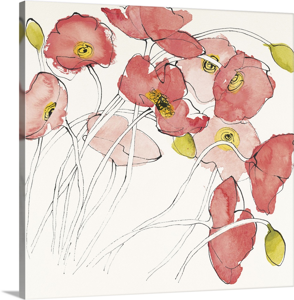 Contemporary watercolor painting of pale red flowers against a white background.