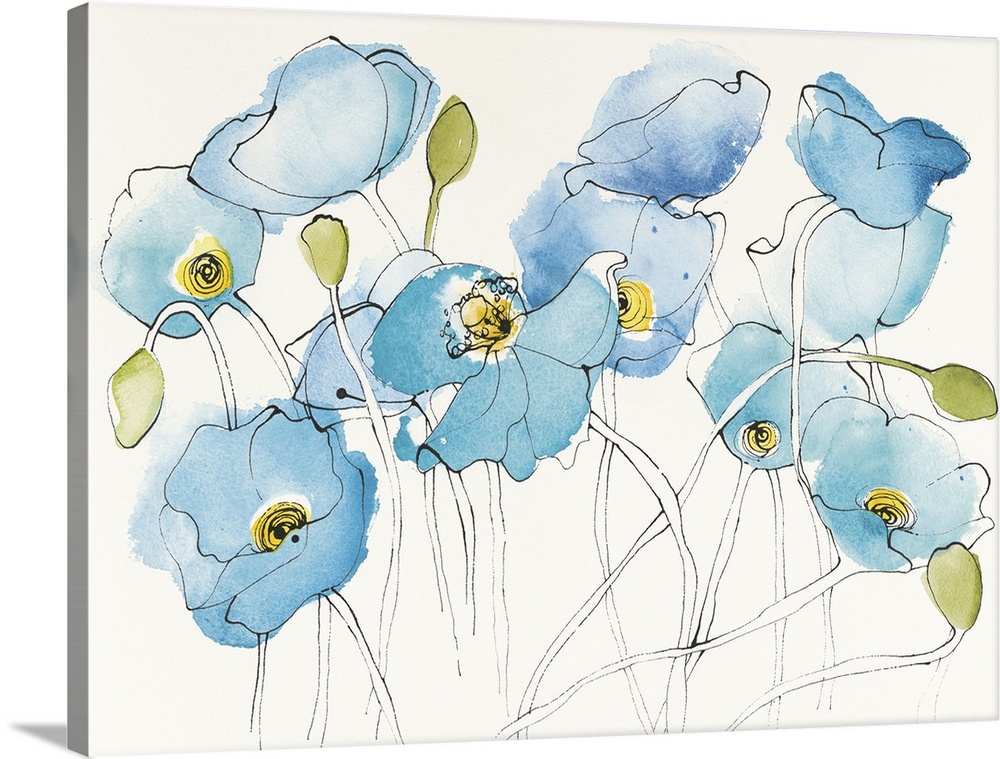 Contemporary watercolor painting of blue poppies against an off white background.