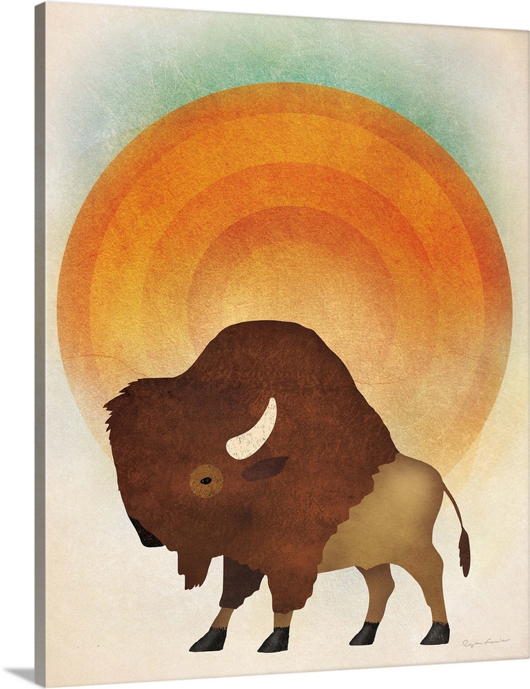 Illustration of a bison in front of a giant orange sun.