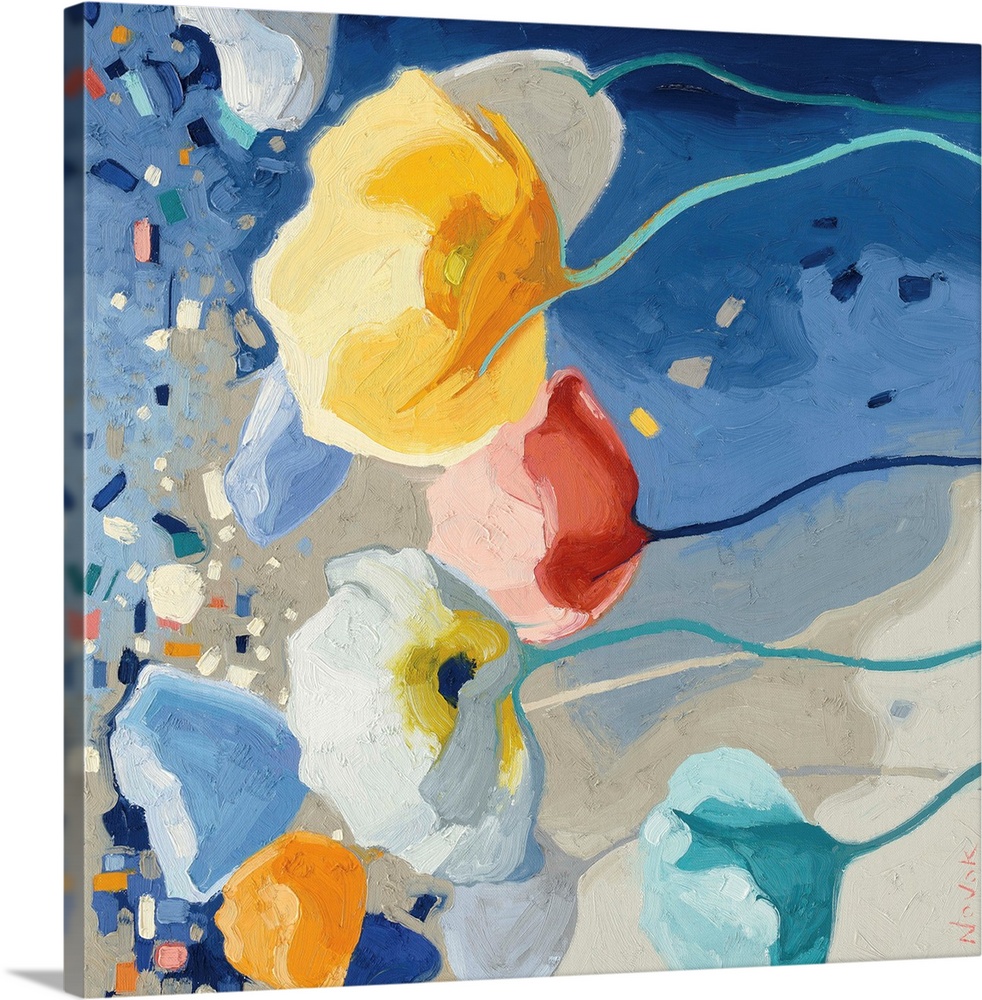Contemporary artwork of colorful poppies in a blue field.