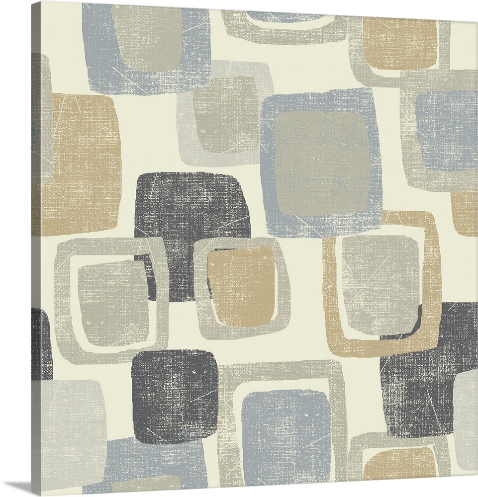 Abstract artwork filled with gray, tan, and blue squares stacked on a cream colored background.