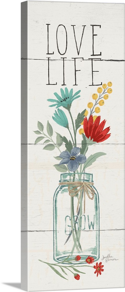 Tall and skinny vertical illustration of a floral arrangement in a mason jar with the phrase "Love Life" at the top on a w...