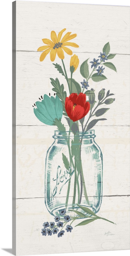 A decorative artwork of a group of wildflowers in a glass mason jar against a white wood plank background.