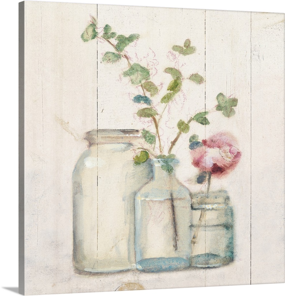 Square artwork with flowers and branches in glass vases on a rustic shiplap background.