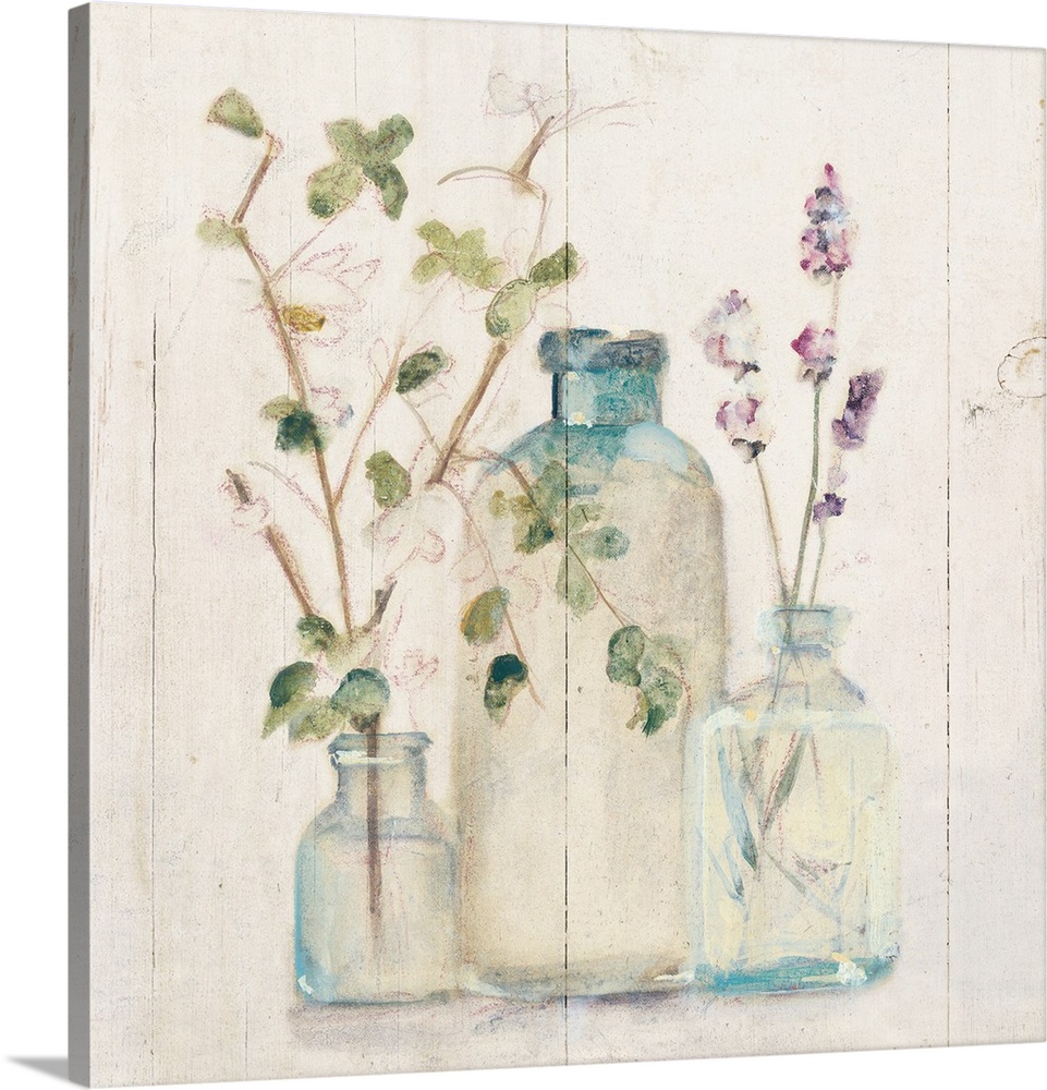 Square artwork with flowers and branches in glass vases on a rustic shiplap background.