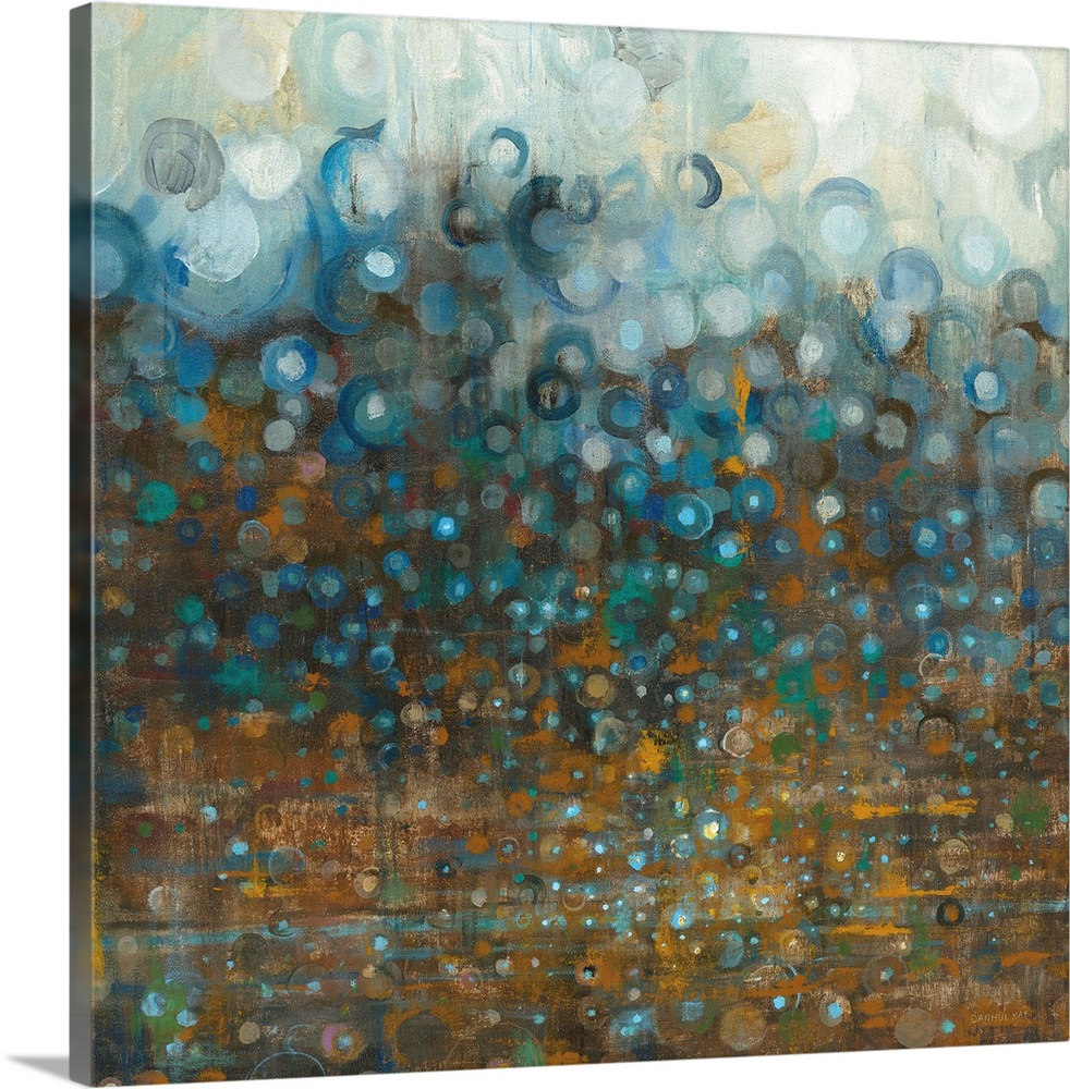 Square abstract painting with a bronze background that has different shades of blue circles falling from the top.