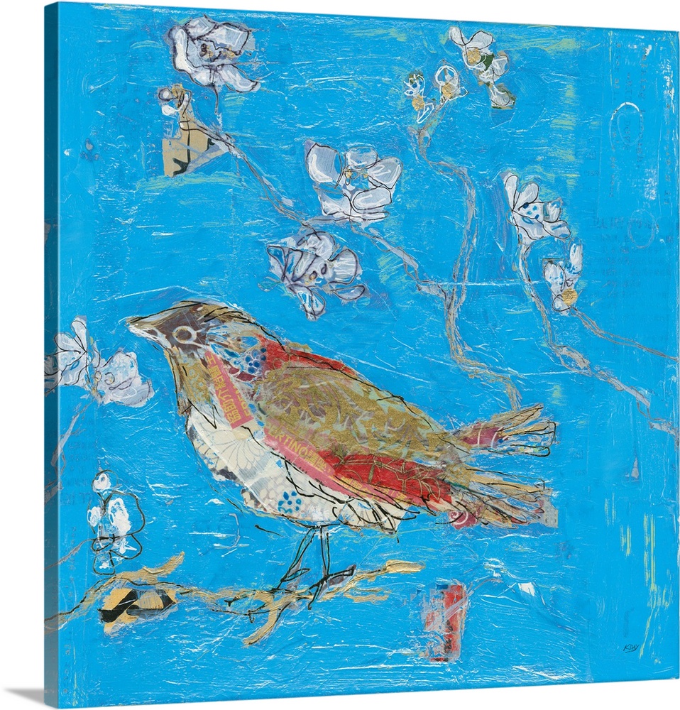 Energetic brush strokes, heavy textures and cut paper create a decorative artwork of birds.