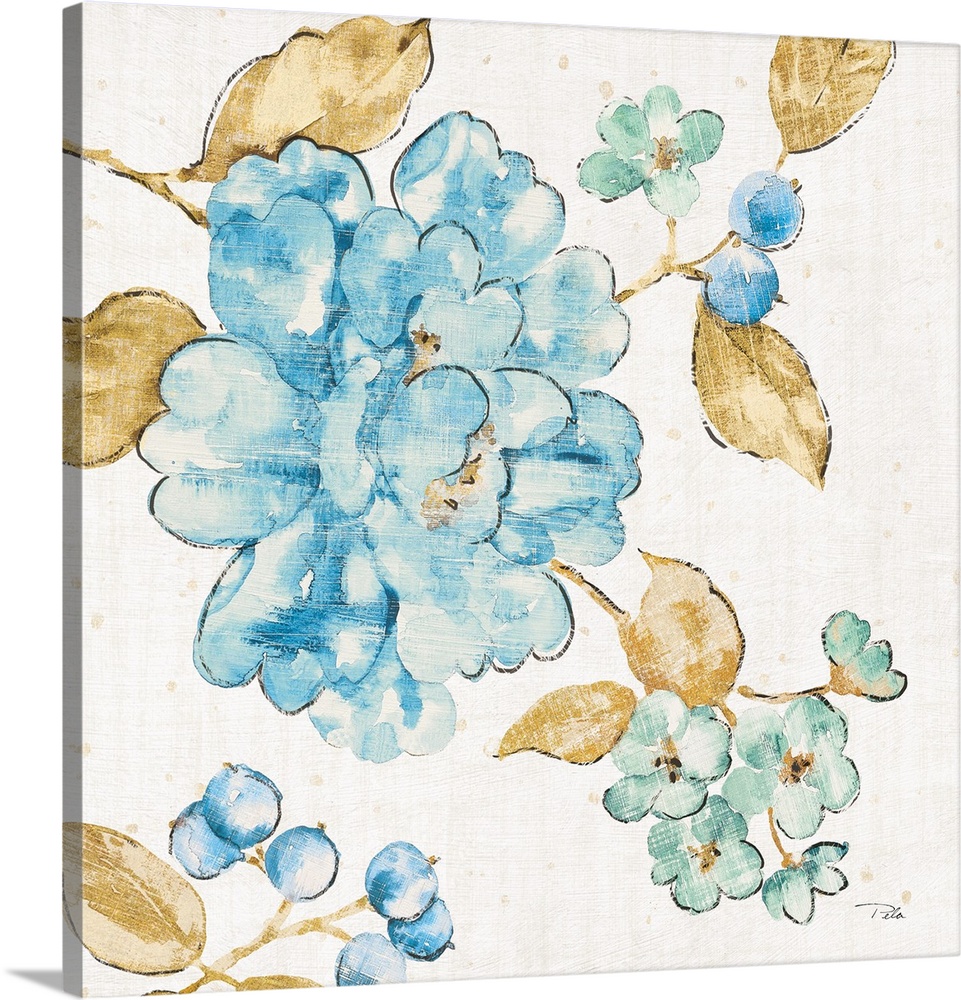 Square blue floral painting with gold leaves and stems.