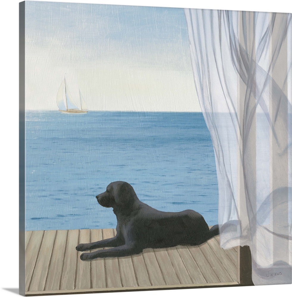 Coastal artwork of a black lab laying on a deck overlooking the sea.