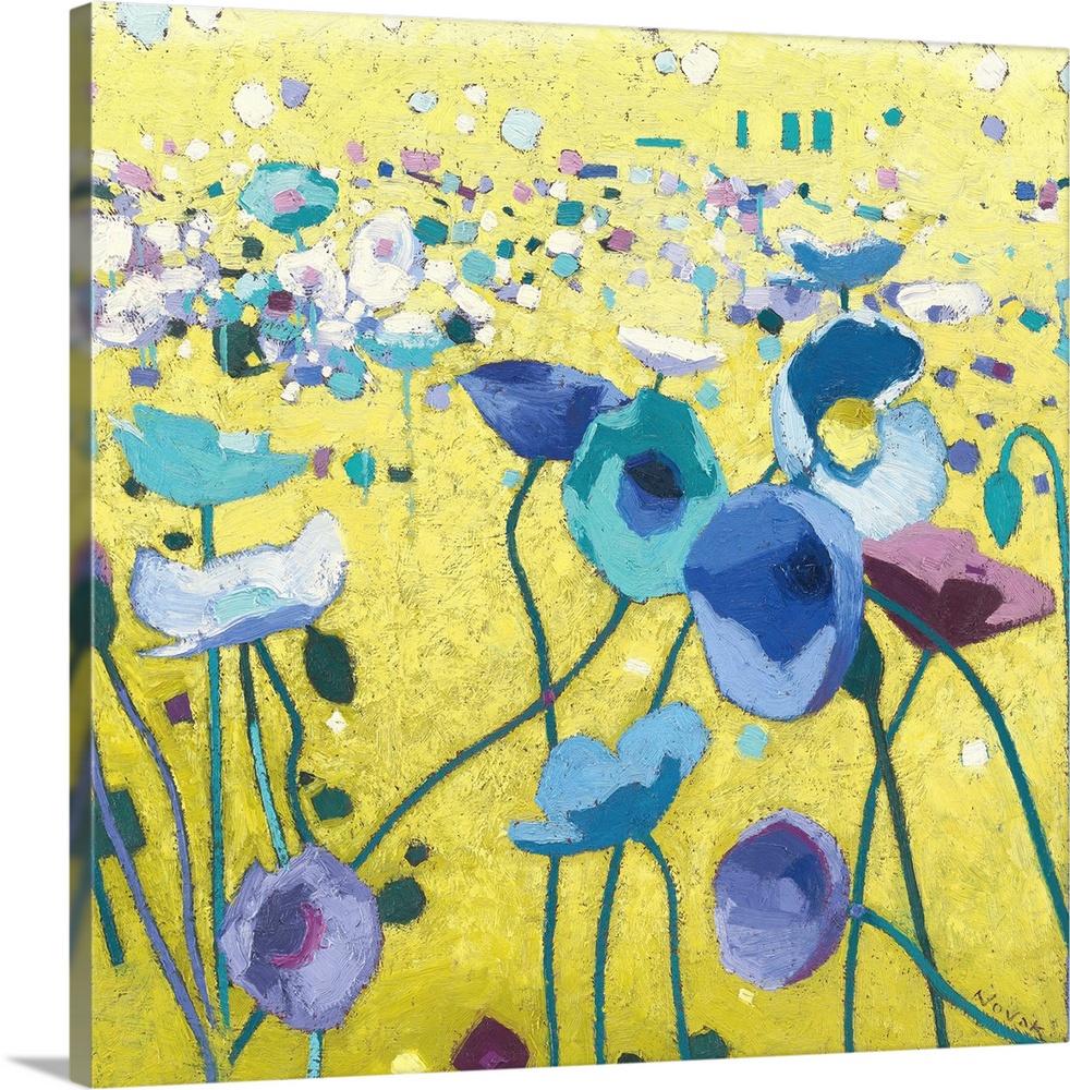Contemporary artwork of a field of blue poppies with long stems.