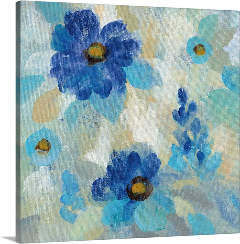 Contemporary square painting of blue flowers on a neutral background.