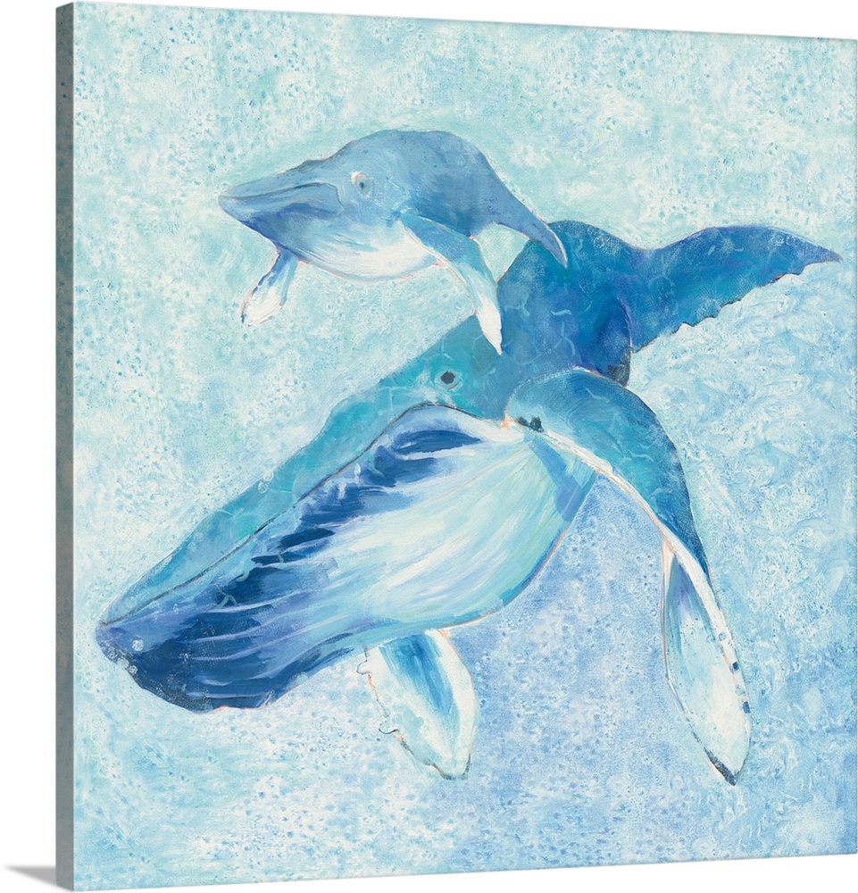 Contemporary square painting of a whale and her calf in different shades of blue.