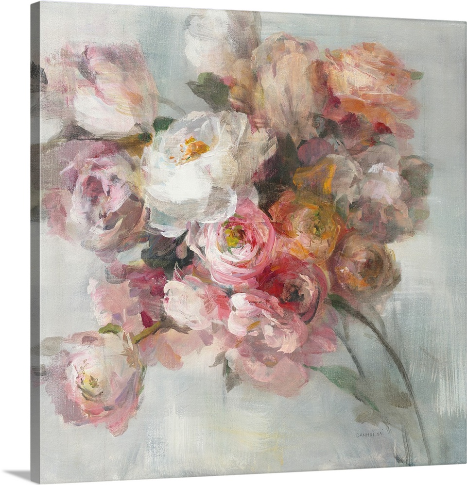 Soft delicate brush strokes create a bouquet of warm colored flowers in this contemporary artwork.