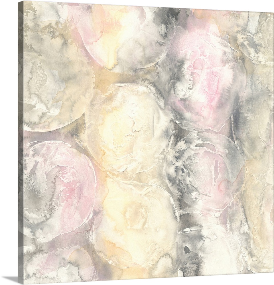 Abstract artwork with faint circles and texture in light hues of pink, yellow, white, and gray on a square background.