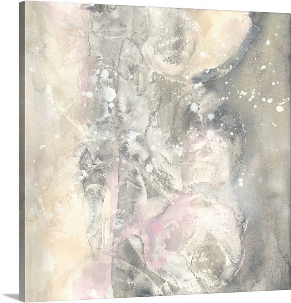 Square abstract painting of textured muted colors with white splatters overlapping and pink accents.