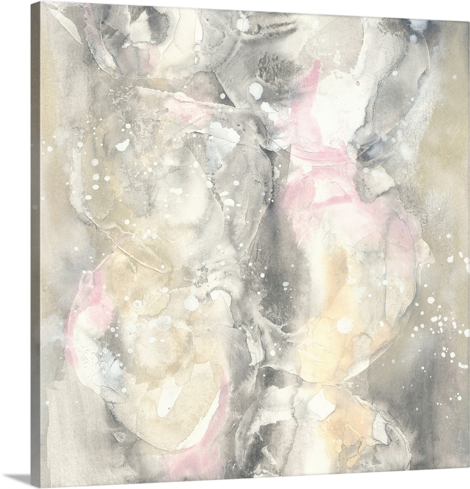 Square abstract painting of textured muted colors with white splatters overlapping and pink accents.
