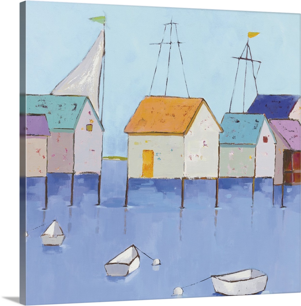 Contemporary painting of a row of colorful waterfront boat houses with multiple row boats and sailboats scattered around.