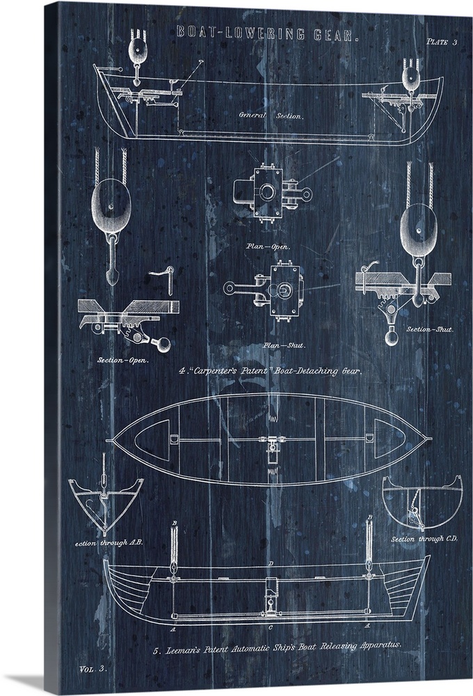 Blueprint plans of a boat with close up of various parts.