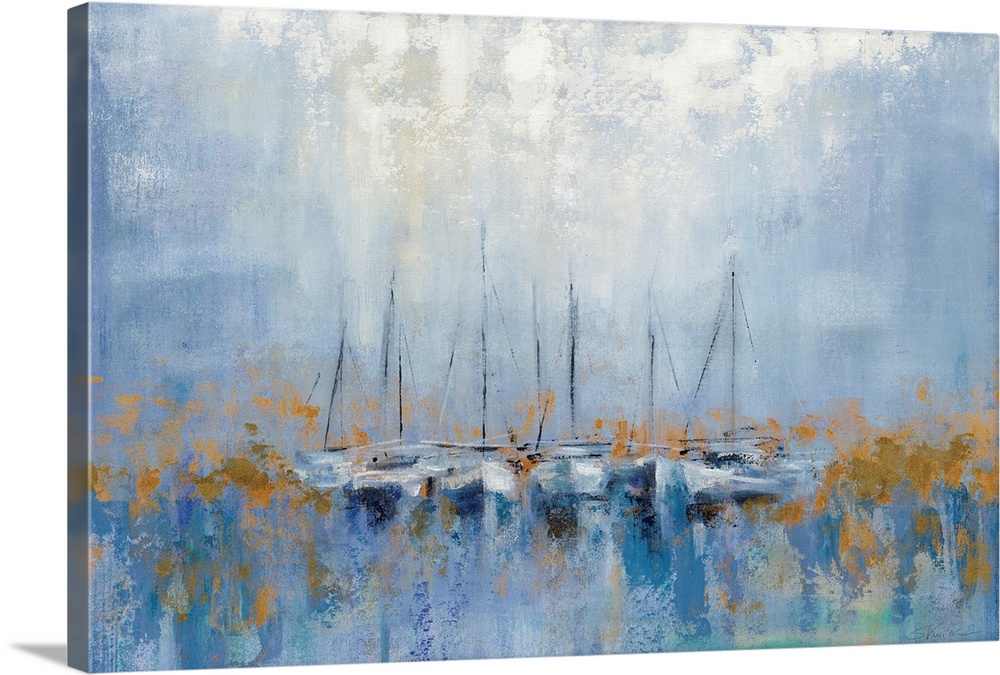 A contemporary horizontal painting of a row of boats in a harbor in an abstract style with gold accents.