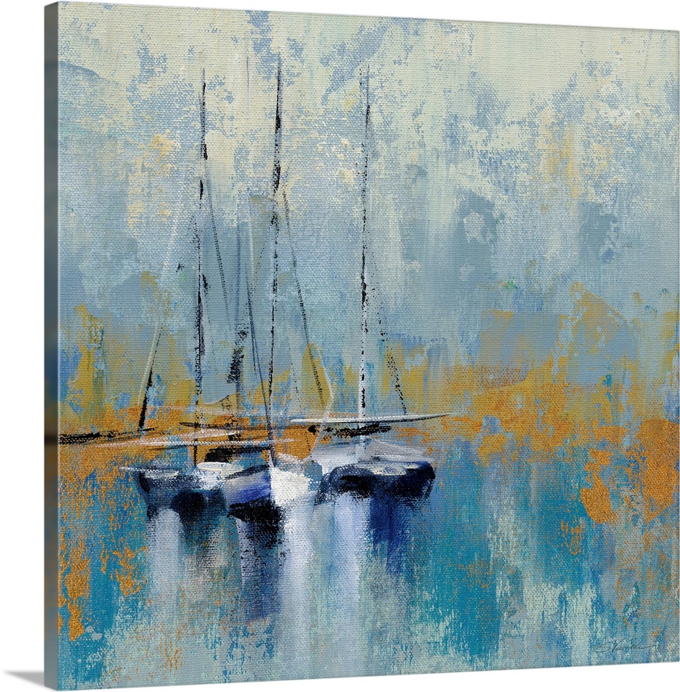 A square abstract painting of sail boats in a harbor in textured brush strokes of blue and gold.