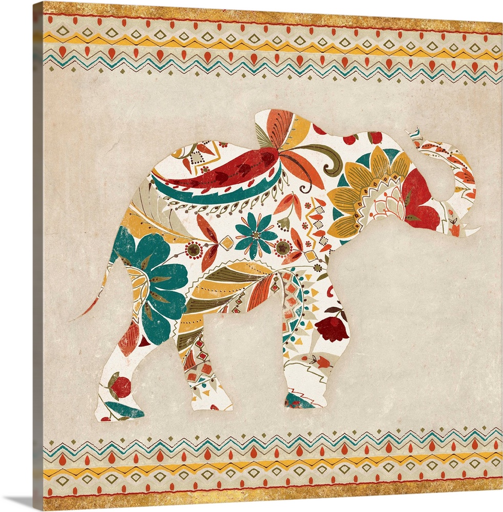 Contemporary home decor artwork of an elephant in an ornate and decorative floral pattern.